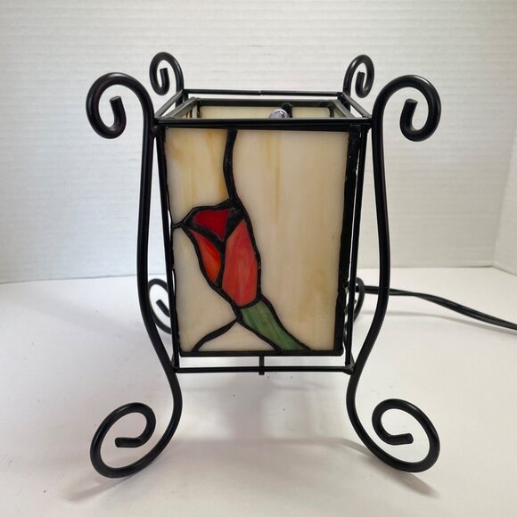Stained Glass Dragonfly & Rose Panel Table Lamp With Black Metal Base - Picture 5 of 8